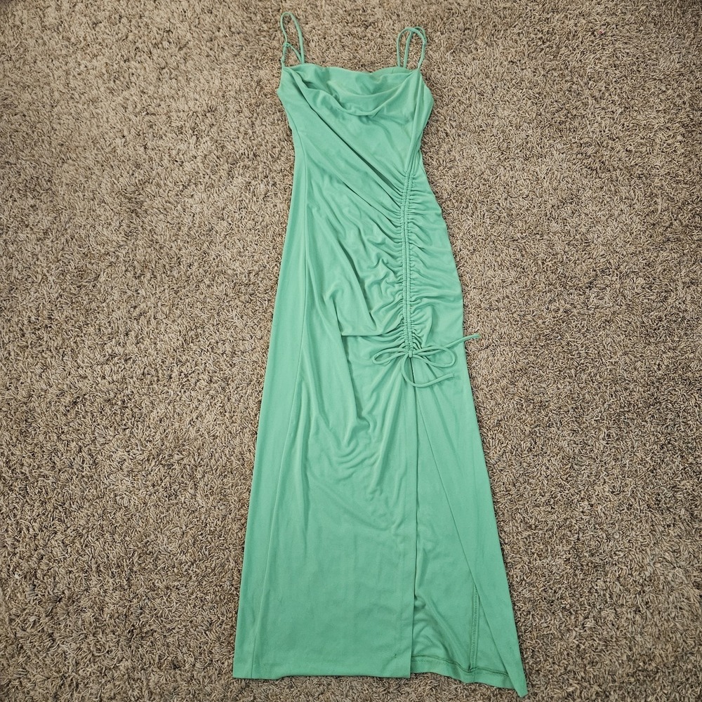 Zara Neon Green Bodycon Dress Cinch High Slit Maxi Size Small Spaghetti Straps